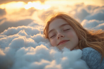 Wall Mural - A Beautiful Woman Sleeping on a Cloud Above a Tranquil Landscape at Sunset.