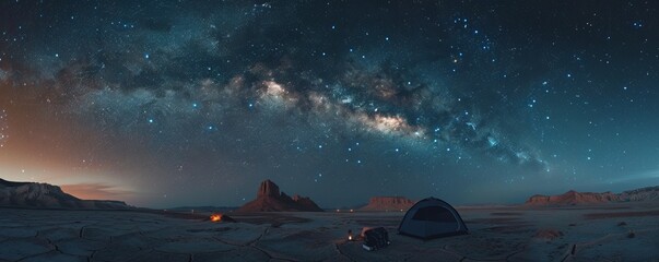 Wall Mural - group of friends camping under a starry sky in a remote desert, 4k hyperrealistic photo
