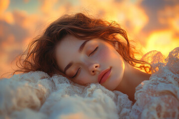 Wall Mural - A Beautiful Woman Sleeping on a Cloud Above a Tranquil Landscape at Sunset.