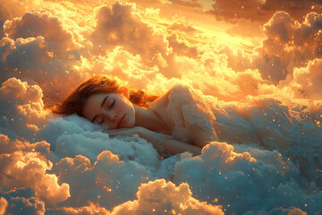 Wall Mural - A Beautiful Woman Sleeping on a Cloud Above a Tranquil Landscape at Sunset.