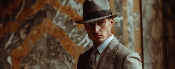 Wall Mural - Dapper gentleman in a tailored suit and fedora, 4K hyperrealistic photo