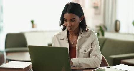 Fototapete - Laptop, Indian woman and student for online, typing and home with book for studying or project. Living room, research proposal and university learner, essay and female person with computer for email