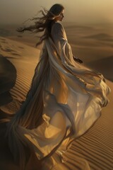 Sticker - woman in desert walking across the sandy terrain, with the sun setting in the background