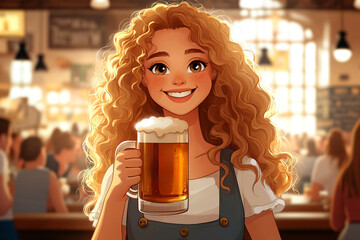 Wall Mural - Girl holding mug with cold fresh golden beer with crowd of people in beer garden on background. Craft beer on glass on Oktoberfest, international beer day, St. Patrick's day celebration in pub or bar.