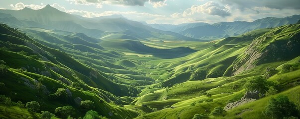 Wall Mural - Lush Green Valley with Rolling Hills, 4K hyperrealistic photo