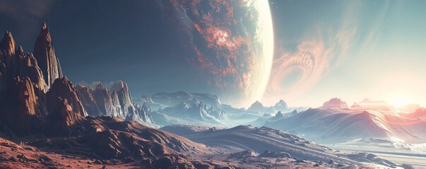Wall Mural - exoplanet with unique terrain, 4k hyperrealistic photo