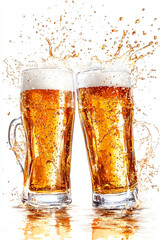 Wall Mural - Two mug with cold fresh golden beer clinking together with splashing out on white background. Craft beer on glass on Oktoberfest, international beer day and St. Patrick's day celebration.