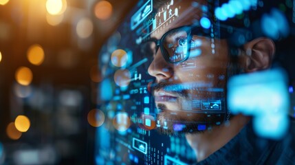Coder and man focused, holographic and trade with cyber security, futuristic and study. Data analyst, server, or investor with website info is male.