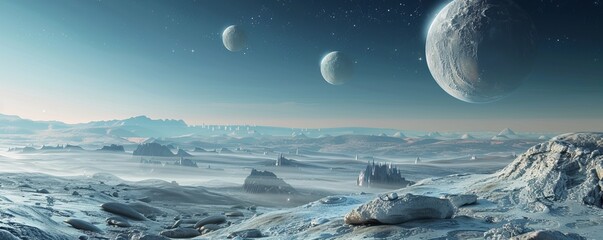 Wall Mural - alien landscape with multiple moons, 4k hyperrealistic photo