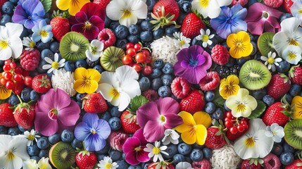 Sticker -   A medley of blooms, berries, and kiwifruits atop a bed of blueberries and raspberries