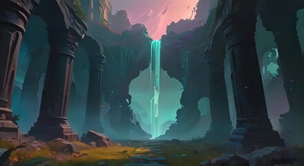 Ancient Ruins and Waterfall