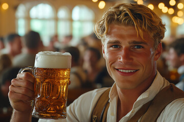 Wall Mural - Men holding mug with cold fresh golden beer with crowd of people in beer garden in background. Craft beer on glass on Oktoberfest, international beer day, St. Patrick's day celebration in pub or bar.