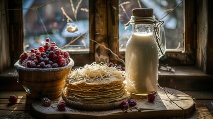 Poster -   A table displaying a cake decorated with frosting, a glass of milk, and a bowl of raspberries