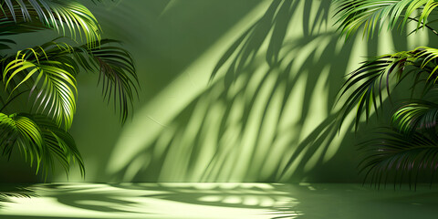 green background with tropical leaves and their shadow on the walls. empty studio for presentation. product demonstration