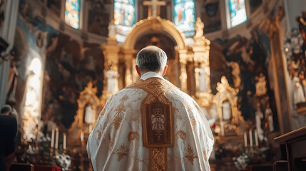 Catholic priest giving blessing in white cassock and gold stole