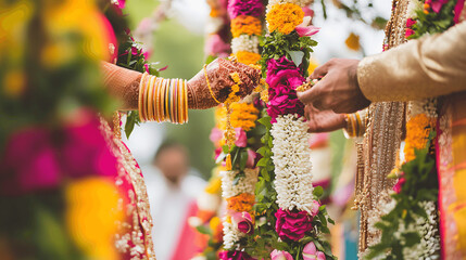 Hindu wedding ceremony close-up with bride and groom exchanging garlands