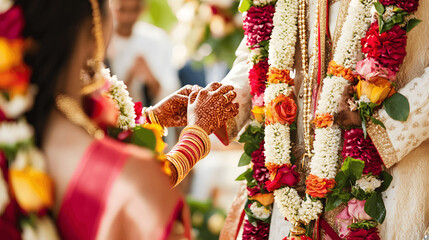 Hindu wedding ceremony close-up with bride and groom exchanging garlands