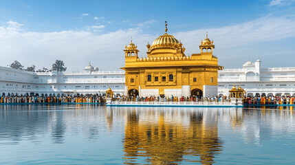 Grand Sikh gurdwara with golden domes and reflective pool, surrounded by pilgrims