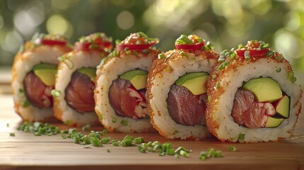 Poster -   A line of sushi rolls resting atop wooden table, near avocado slices