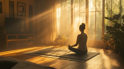 Serene room with yoga mat and person practicing guided meditation with soft light