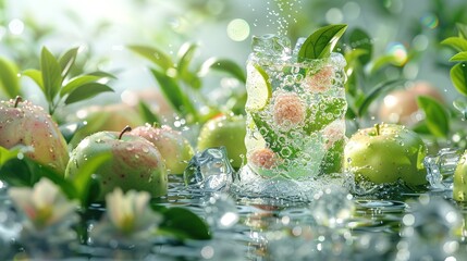 Wall Mural -   A glass of water rests atop a table, surrounded by green foliage and a collection of red and white apples nestled in a nearby puddle