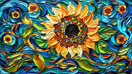 Poster -   Sunflower in Swirls - A vibrant painting captures the essence of a sunflower amidst a canvas of blue, green, yellow, and orange hues