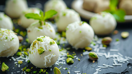 Wall Mural - Sicilian Brontolino Marzipan Balls with Pistachios and covered by white chocolate