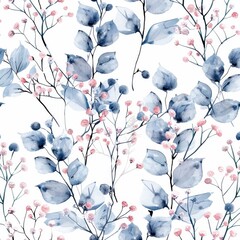 Wall Mural - A seamless watercolor pattern with bouquets of pink twigs and blue flowers on a white background.