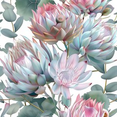 Wall Mural - A nature seamless pattern featuring succulents, herbs, and pink protea flowers.