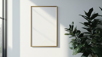 Wall Mural - Elegant Empty Frame Hanging on Wall With Lush Green Plant in Bright Natural Light