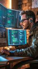 A programmer is coding intently at a desk surrounded by multiple screens in a dimly lit room