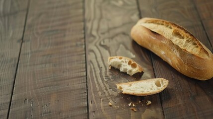 Poster -   A loaf of bread sits atop a wooden table with a nearby slice that has been bitten into