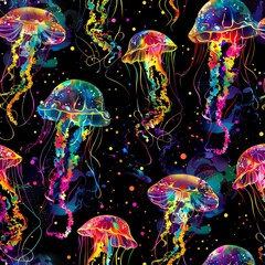 Wall Mural - night galaxy mix with watercolor jelly fishes in bright style vivid blue purple violet isolated on d