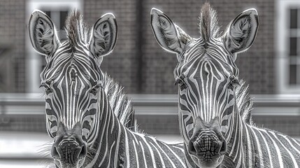 Poster -   Two zebras standing close in front of a building with a clock on its side