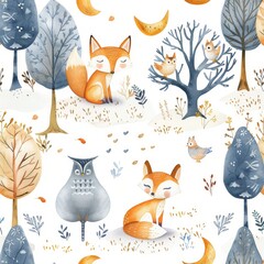 Watercolor woodland animal Scandinavian seamless pattern with owl, hedgehog, fox, butterfly, rabbit, squirrel, chipmunk, bear, and bird baby animals.