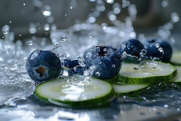 Sticker -   Cucumbers, blueberries, and cucumber slices splash on the water's surface