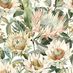 Background of white with a floral protea seamless pattern.