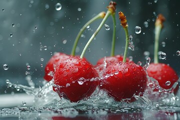 Sticker -  Three cherries sit atop a water puddle with droplets on top