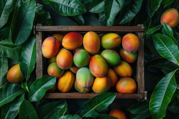 Sticker - Mangoes in a Wooden Crate Surrounded by Lush Green Leaves