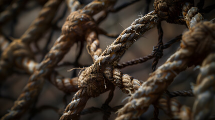 A close up of a net with ropes and knots