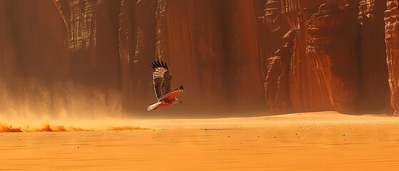 Poster -   A bird soars above the arid desert landscape, with swirling sands in the foreground and distant trees framing its path