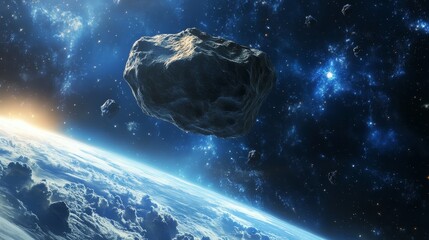 Wall Mural - 3d animation of an asteroid approaching earth against the backdrop of space