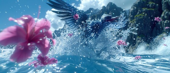 Wall Mural -   A bird soaring over a water body with a pink bloom in its center and a cliff backdrop