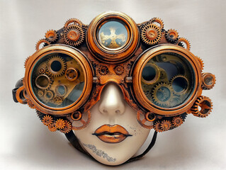 Poster - A woman's face is covered in gears and has a mechanical look to it. The gears are of various sizes and are scattered all over the face. Scene is industrial and futuristic