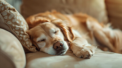 Wall Mural - a golden retriever lying on a beige sofa. The dog appears to be relaxed, with its eyes closed and mouth slightly open, possibly enjoying a nap