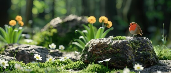 Poster -   A bird perched atop a rock amidst a forest bursting with yellow and white blossoms