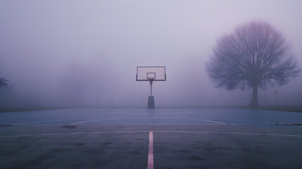 Wall Mural - A basketball court with a red hoop and a fence around it