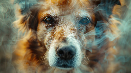 Wall Mural - a dog with the central part of its face, including the eyes and nose, blurred out. The rest of the dog’s features, such as its fur and ears, are visible