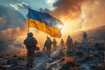 Soldiers Marching with Ukrainian Flag in Fiery Battlefield