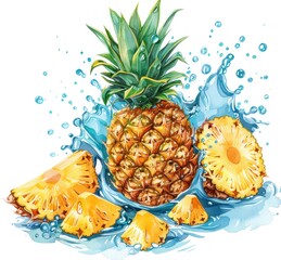 Sticker - Watercolor Painting of a Pineapple Splashing in Water